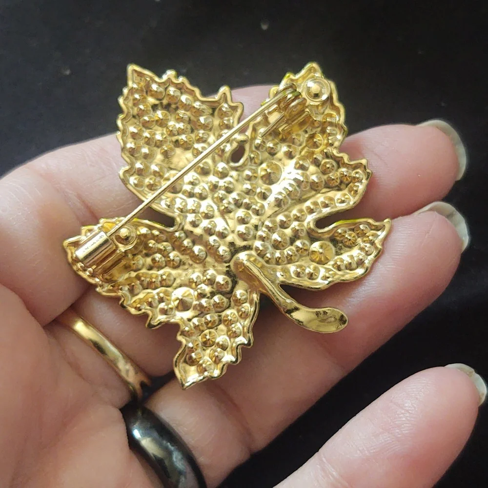 Green Rhinestone Maple Leaf Brooch
